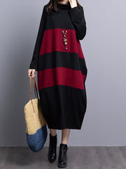 Loose Color Block Striped Knitted Turtleneck Midi Dress