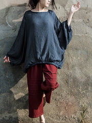 Women Round Neck Solid Color Casual Loose T-Shirt