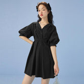 Retro Solid V-Neck Short Sleeve Mini Dress