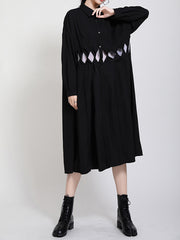 Lapel Solid Long Sleeves Hollow Midi Dress