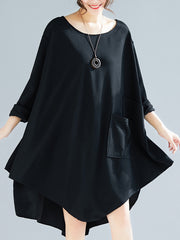 Round Neck Retro Solid Color Irregular Midi Dress