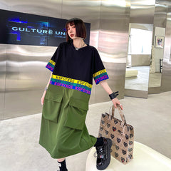 Short Sleeve Color Block Large Pockets Slim Dress