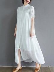 Solid Color Loose Dress Stand Collar Maxi Dress