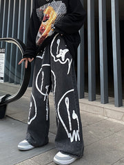 Retro Jeans Print Graffiti Wide-Leg Denim Pants