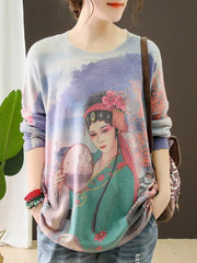 Vintage Opera Figure Printed Round-neck Sweater