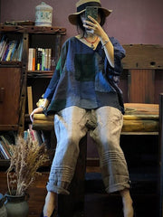 Original Retro Plaid V-neck Linen T-shirt