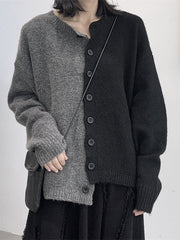 Asymmetric Buttoned Contrast Color Split-Joint Long Sleeves Roomy Round-Neck Cardigan Tops