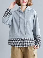 Stitching Plaid Hem Plus Size Hoodie