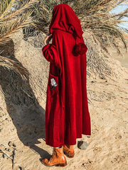 Loose Burgundy Vintage Pompom Triming Wind Coat Outwear