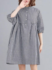 New Loose Plaid Puff Sleeve Shirt Dress