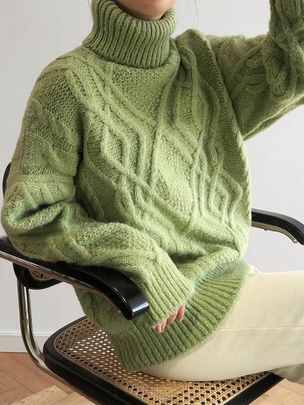 Twisted Flower Loose Wool Turtleneck Sweater