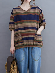 Retro V-Neck Color Block Striped Casual T-Shirt