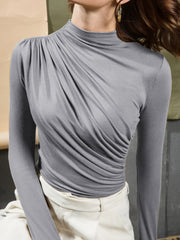 Urban Solid Color Ruffled Long Sleeves High-Neck T-Shirt