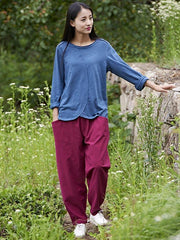 Navy-blue&Burgundy Split-joint Casual Linen Pants