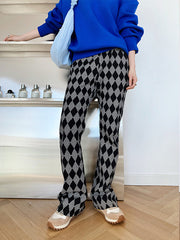 Women Plaid Slim Wide Leg Casual Pants