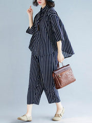 Two-Pieces Stripe Loose Three-Quarter Sleeve Lapel Suits