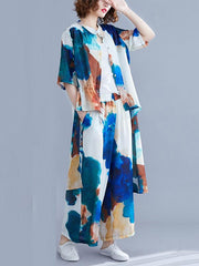 Printed Loose Cropped Hemline T-Shirt And Pants Suits