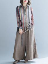 Lapel Striped Blouse&Solid Wide Leg Pants Suits