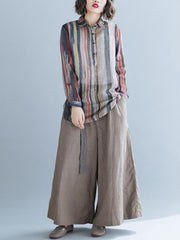 Lapel Striped Blouse&Solid Wide Leg Pants Suits