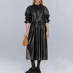 Pleated Round Neck High Waist Mid-Length Leather Dress