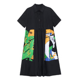 Loose Printed Lapel Short Sleeves Maxi Dress