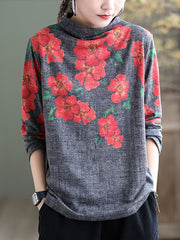 Retro Floral Printed Half-Neck Sweatshirt