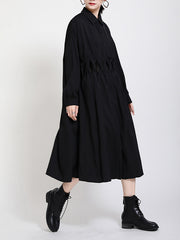 Lapel Solid Long Sleeves Hollow Midi Dress