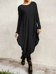 Simple Solid Color Round-Neck Long Sleeves Midi Dress