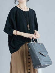 Round Neck Solid Color Bat Sleeve Loose Stitching Irregular T-Shirt