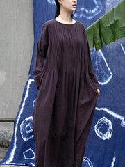 Vintage Loose Pleated Solid Dress