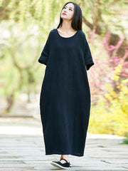 Black Soft Split-joint Ramie Cotton Long Dress