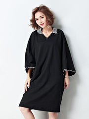 Loose Plus Size Split-Joint Black Midi Dress