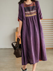 Retro Color Blocking Embroidery Midi Dress