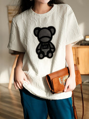 Retro Letter Cotton Towel Embroidered Bear Short-Sleeved T-Shirt Tops