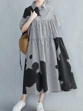 Women Lapel Stitching Plaid Loose Casual Dress