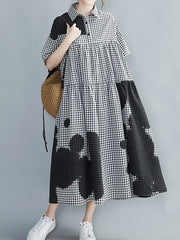 Women Lapel Stitching Plaid Loose Casual Dress