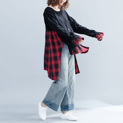 Large Size Stitching Plaid Asymmetrical Loose Sweatshirt