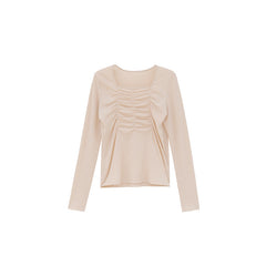 Shirring Square-Neck Solid Long Sleeves Blouse