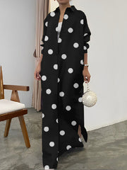 Long Sleeves Loose Polka-Dot Split-Front Split-Side Lapel Maxi Dresses