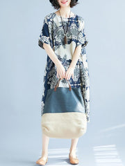 Natinal Flower Printed Linen Midi Dress