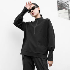 Black Zip Pullover Loose T-Shirt Tops