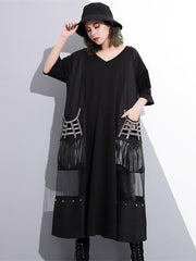 V-neck Split-joint Tasseled Shirt Midi Dresses