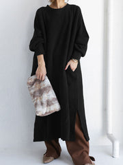 Loose Solid Color Split Long Sleeve Midi Dress