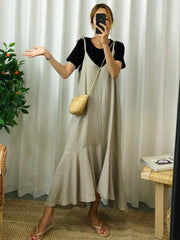 Cropped Loose Ramie Cotton Spaghetti-neck Midi Dresses