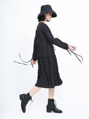Loose Solid Pleated Lace Up Dress