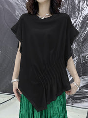Irregular Clipping Roomy Pleated Pure Color Split-Joint Round-Neck T-Shirts