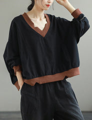 Casual V-Neck Stitching Plus Size All-Match Long Sleeve Top