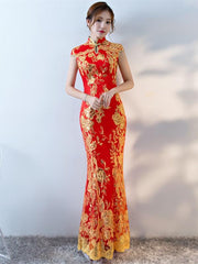 Red Lace Embroidered Mermaid Cheongsam Evening Dress