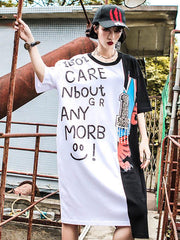 Loose Contrast Color Lettered Beaded Round Neck T-Shirt Dress