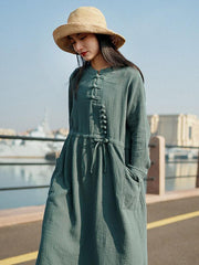 Vintage Elastic Waist Buckle Lace-Up Dress